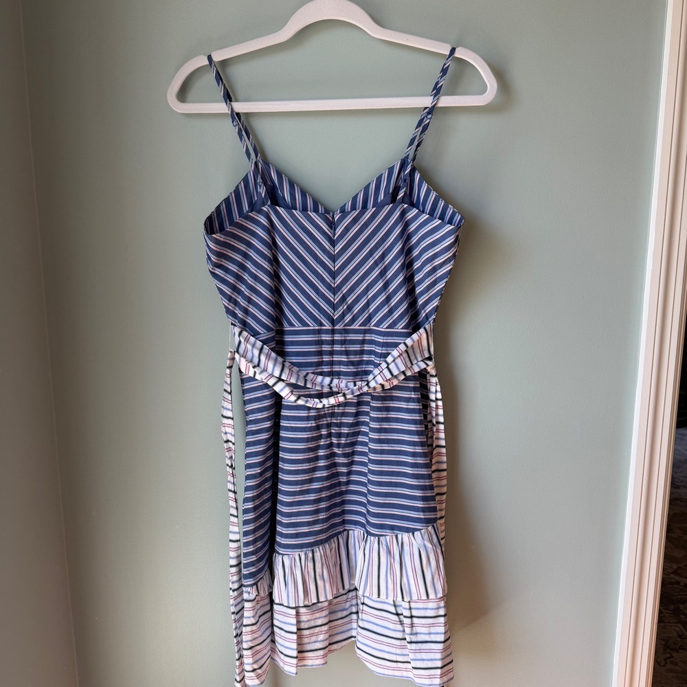 Parker Brooklyn Ruffle Mini Dress Blue Pink Stripe Belt Spaghetti Strap Size 4 - Picture 12 of 16